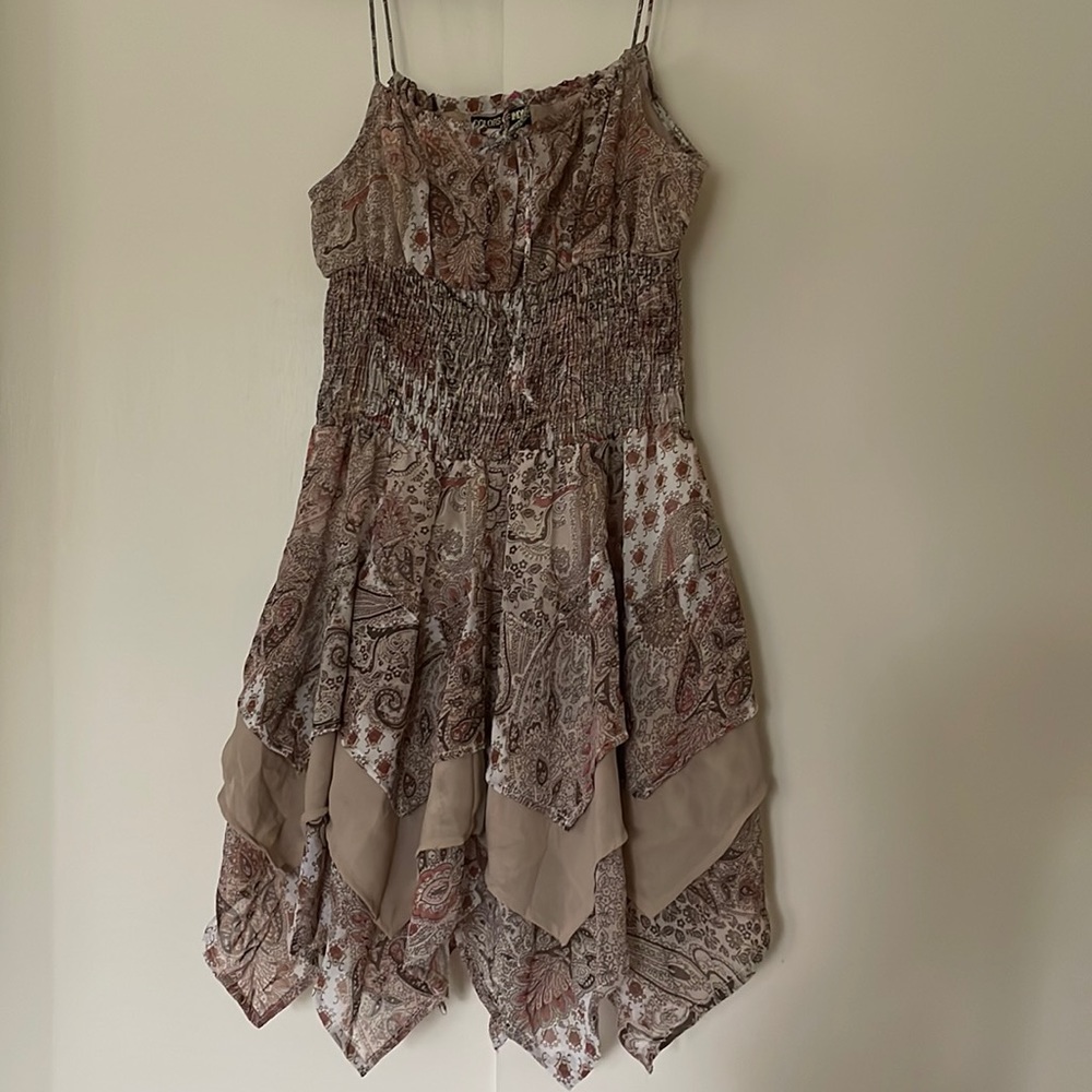 Boho Paisley Midi Dress with Handkerchief Hem - Taupe